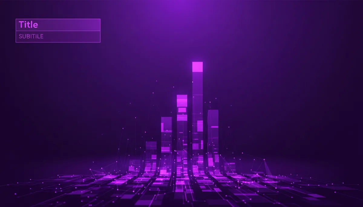 abstract tech/digital/geometric/flow visuals in deep purple and electric violet/indigo, luminous data streams converging into a rising bar graph, subtle overlay space for title and subtitle text