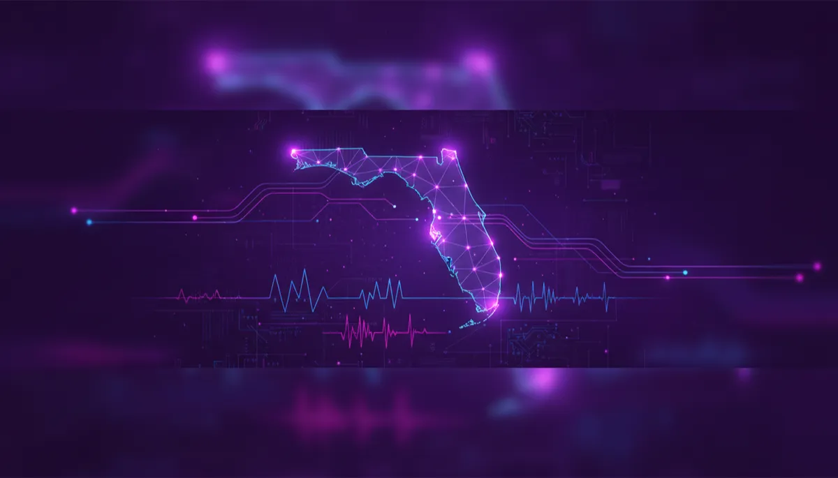 abstract tech/digital/geometric/flow visuals in deep purple and electric violet/indigo, glowing lines forming a stylized Florida map connected by data nodes, subtle circuit patterns and waveforms