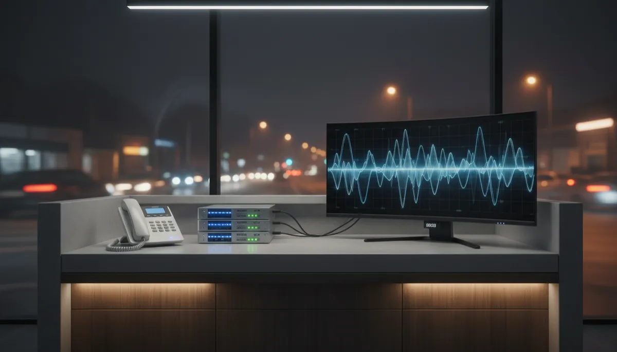 photorealistic neutral-toned modern small business front counter at night, desk phone with glowing indicator light connected to sleek server and waveform graphics on nearby monitor, suggesting AI call handling and 24/7 answering