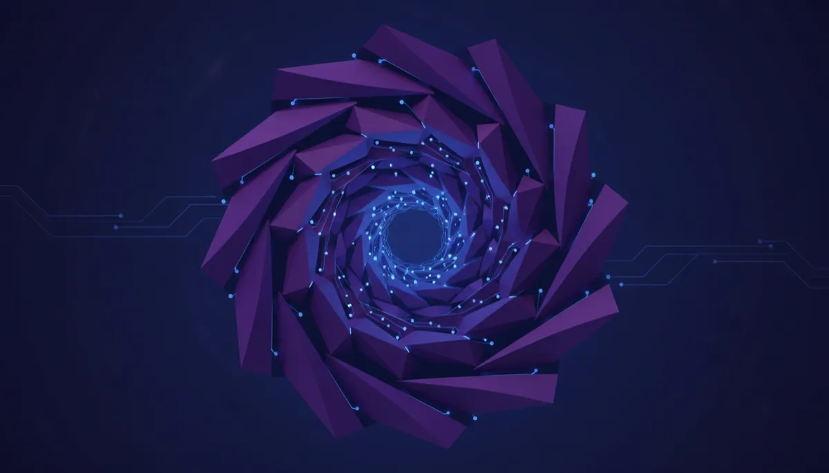 abstract, digital, geometric tech aesthetic in deep purples and indigo, layered polygons forming a vortex around a glowing central node, subtle circuitry lines suggesting data flow