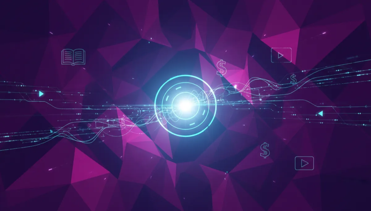 abstract, digital, geometric tech aesthetic in deep purple branding, layered polygons and flowing data lines converging toward a glowing central portal, subtle icons of books, videos, and dollar signs integrated into the pattern