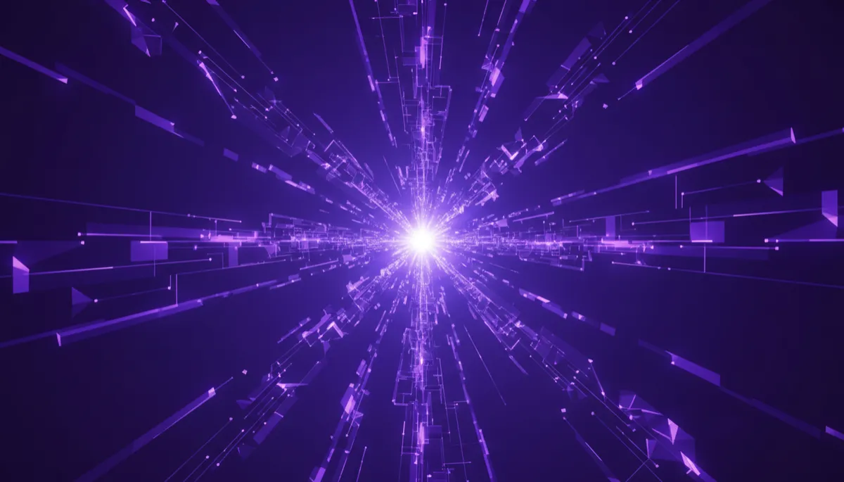 abstract tech/digital/geometric/flow visuals in deep purple and electric violet/indigo, glowing data streams and circuit-like shapes converging toward a central bright core, premium minimalist style