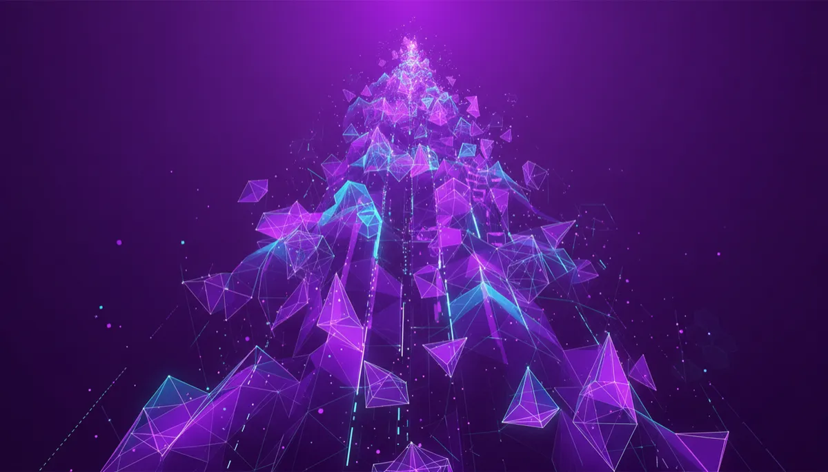 deep purple and electric violet abstract tech digital geometric flow visual, glowing data streams and layered polygon waves, premium agency-style, no humans