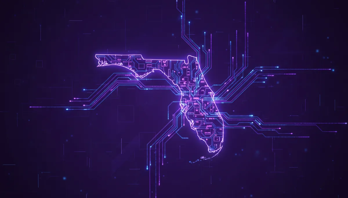 abstract tech/digital/geometric/flow visuals in deep purple and electric violet/indigo, glowing circuit-like waves forming the outline of the state of Florida, subtle data streams flowing toward major cities