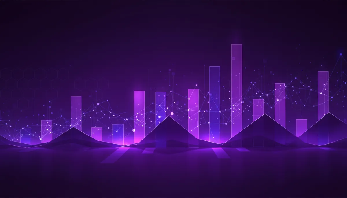 deep purple and electric violet abstract tech geometric waves forming a rising bar chart, glowing data streams and nodes, premium digital art style, no humans