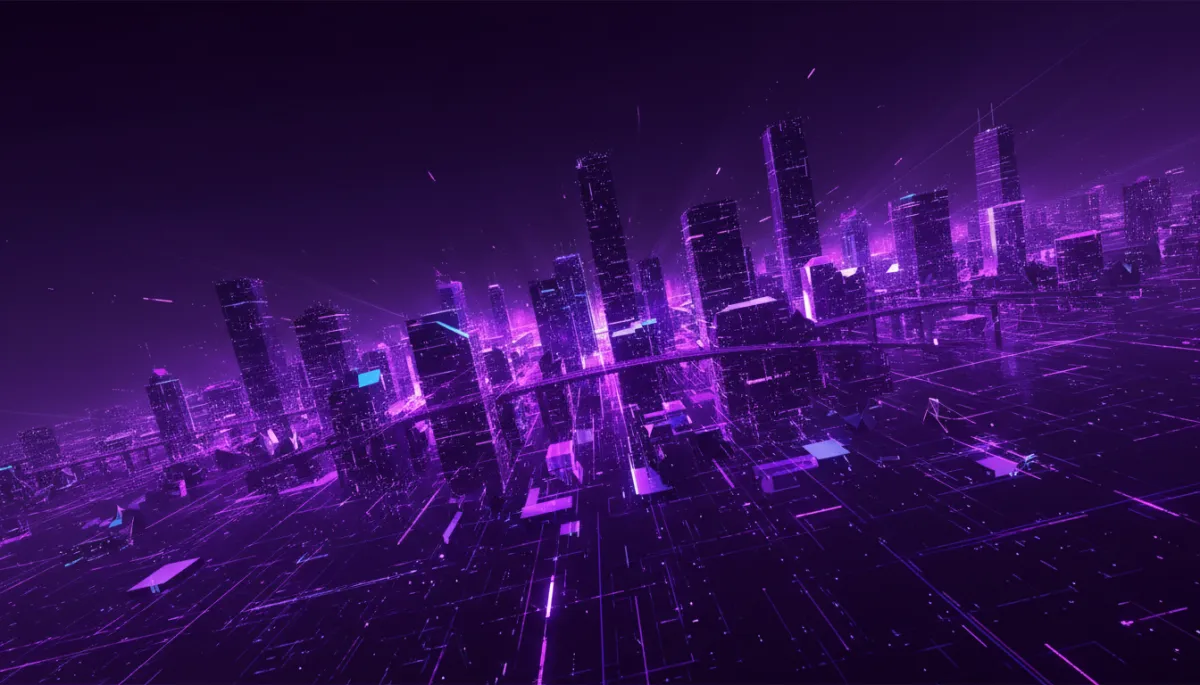 abstract tech/digital/geometric/flow composition in deep purple and electric violet/indigo, glowing circuit-like city grid suggesting Miami skyline made of data streams, subtle light rays implying motion and urgency