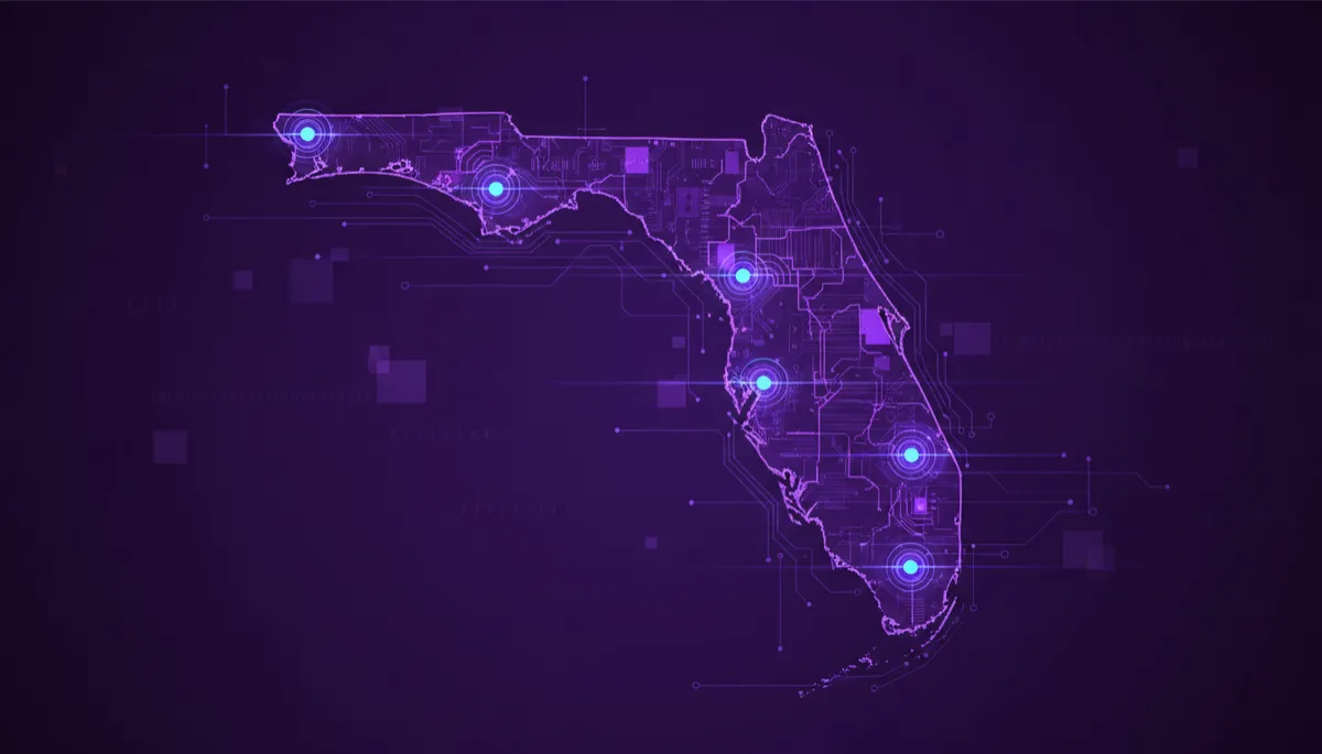 abstract technology/digital/geometric/flow visuals in deep purple and electric violet indigo, flowing data streams and circuits forming the outline of the state of Florida, subtle glowing nodes representing Miami Tampa Orlando Jacksonville