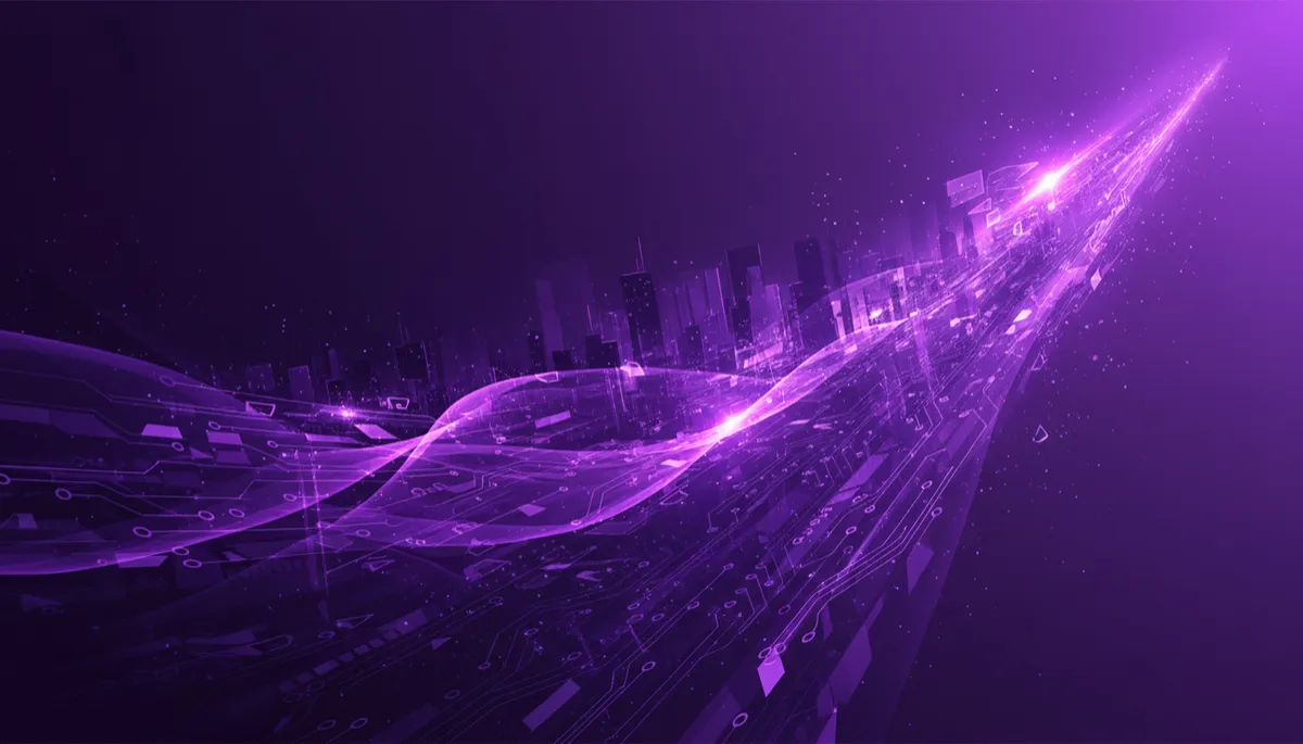 abstract tech/digital/geometric/flow visuals in deep purple and electric violet/indigo palette, layered waves of data and circuitry, subtle glow as if powering up a city skyline