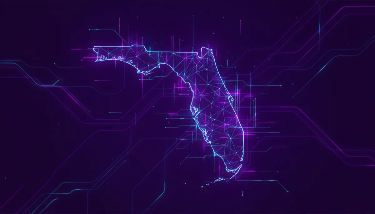 abstract digital tech geometric flow visuals in deep purple and electric violet indigo, glowing circuit-like lines forming the outline of Florida state, premium agency-level quality, no humans