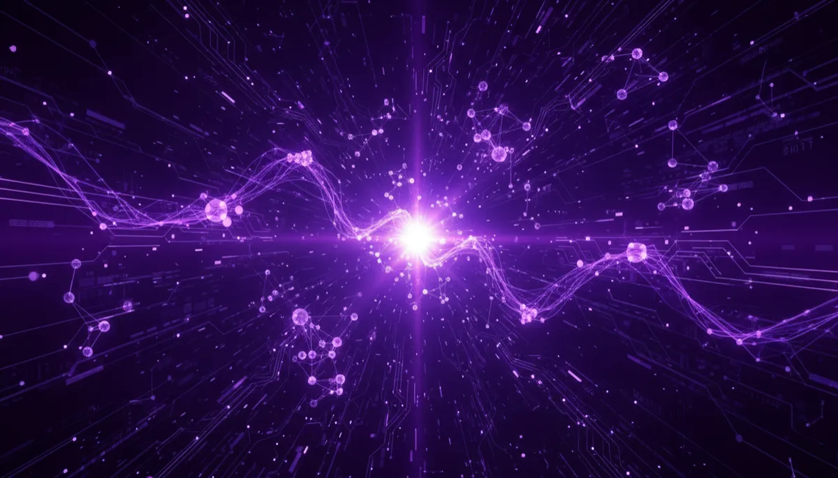 abstract tech digital composition in deep purple and electric violet, flowing data streams and geometric circuit patterns converging toward a bright focal point, neural network nodes glowing, premium high-end agency style