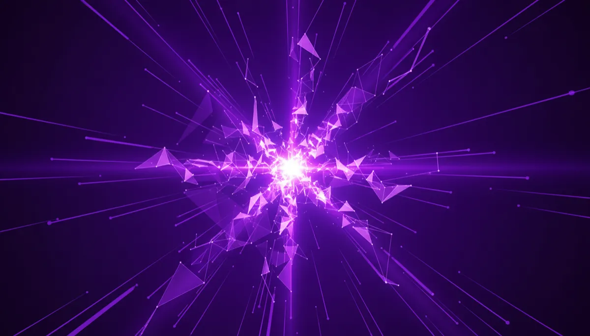 abstract tech/digital/geometric/flow visual in deep purple #4B0082 and electric violet/indigo #6C00FF #4400CC, sharp lines and data streams converging toward a central glowing core, conveying urgency and digital transformation with no humans