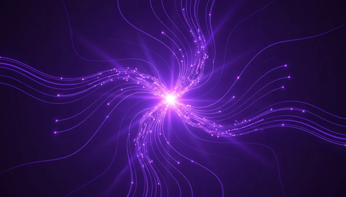 abstract digital/tech/geometric/flow visuals in deep purple and electric violet, swirling circuit-like energy lines converging toward a bright focal point, premium agency-style gradient background