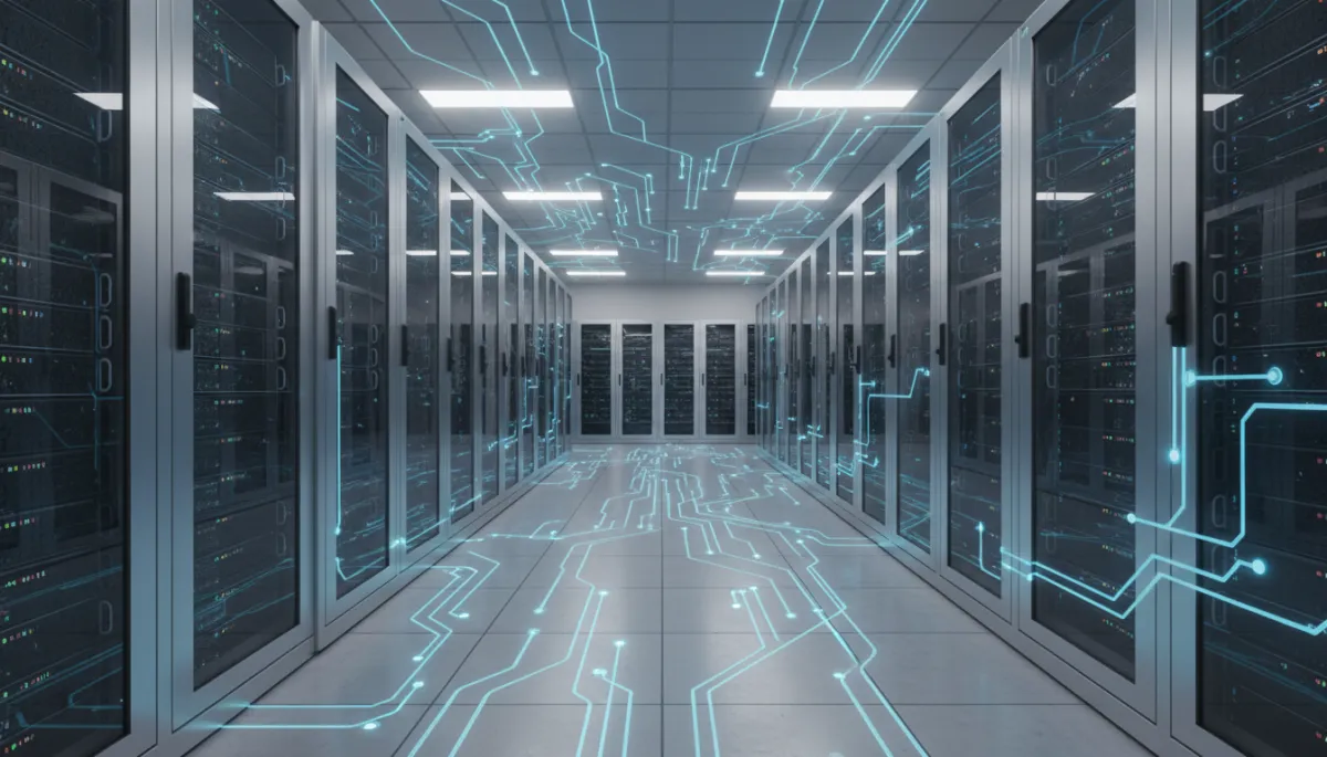 photorealistic neutral-toned futuristic server room with glowing blue AI neural network patterns flowing between racks, soft cool lighting, no humans