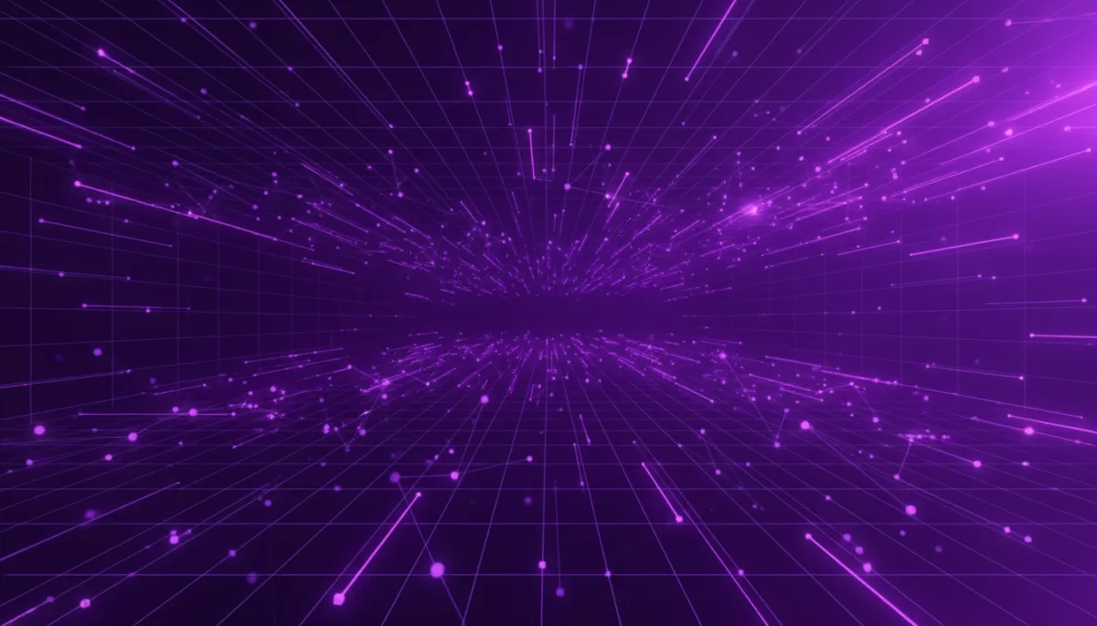 wide 16:9 abstract digital tech scene in deep purple and electric violet, glowing neural network nodes and geometric grid lines flowing into the distance, cinematic lighting, premium agency-level abstract digital/tech/geometric/flow visuals