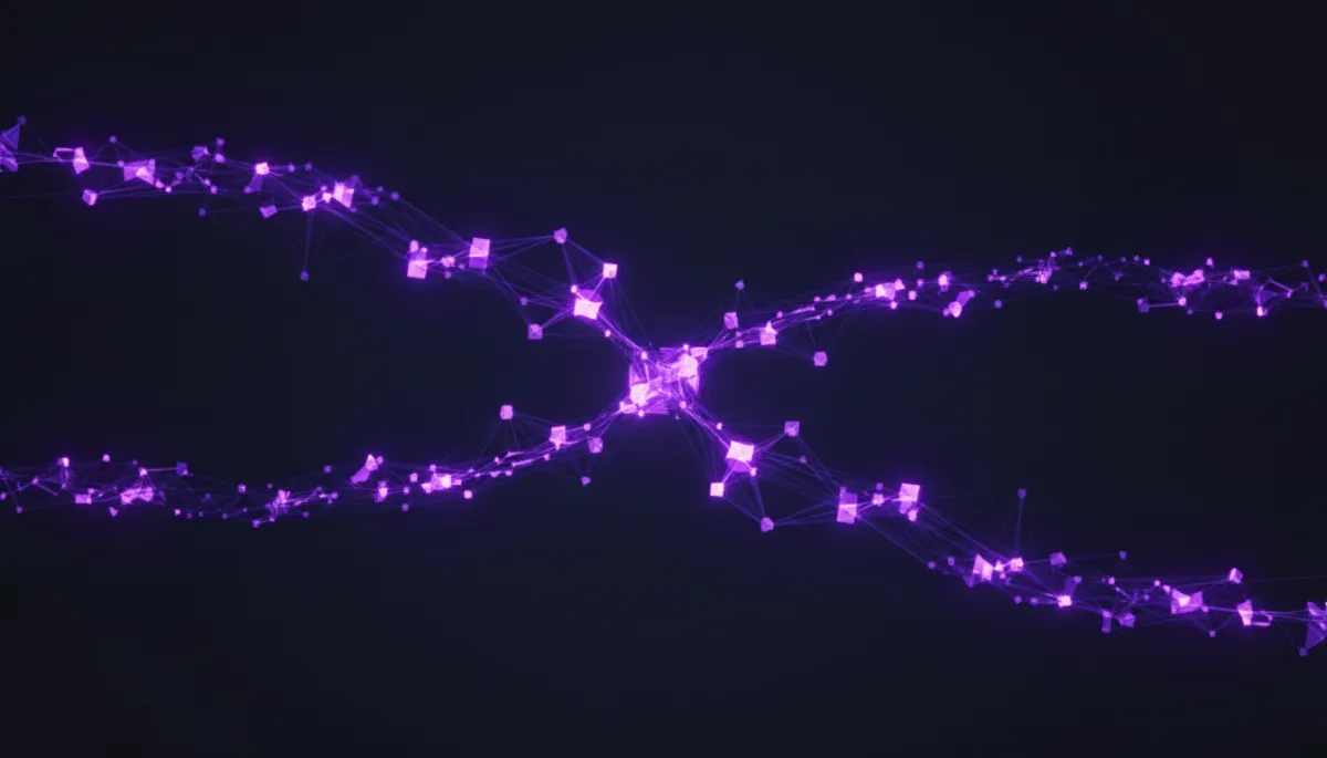 abstract digital art of a branching neural network at a glowing crossroads, deep purple and electric violet/indigo light streams splitting into two paths against a dark background, geometric nodes pulsing with urgency