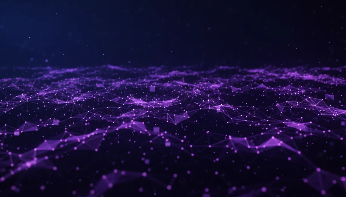 Abstract deep purple and electric violet neural network flow visualization, cinematic digital art, no humans