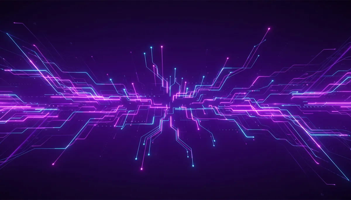 abstract digital deep purple and electric violet indigo swirling data streams with geometric circuit patterns and glowing nodes, no humans, premium tech aesthetic
