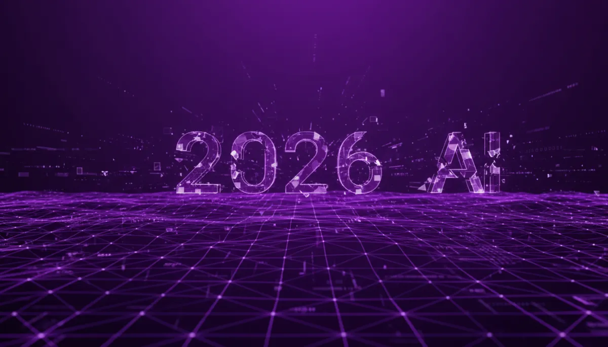 abstract, digital, tech, geometric, flow visuals in deep purple and electric violet, glowing neural grid pulsing across a dark horizon with holographic data streams forming the words '2026' and 'AI' in fragmented light