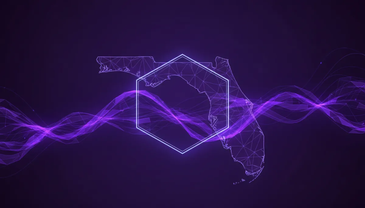 deep purple and electric violet/indigo abstract tech digital geometric flow visuals, glowing lines forming a rising wave over a stylized outline of Florida, bold futuristic overlay text area in the center