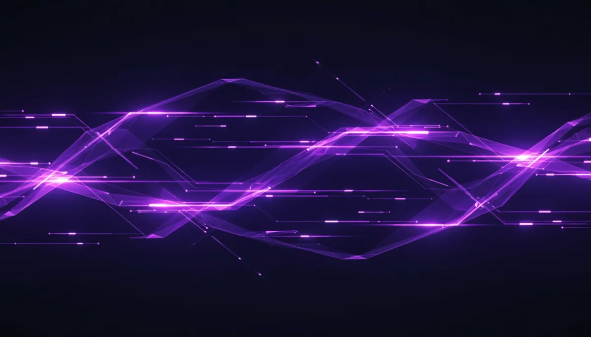 abstract premium digital data-flow visualization in deep purple, electric violet, and neon indigo, geometric streams of glowing light flowing through dark near-black space like high-speed information highways