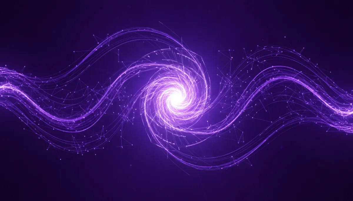 abstract, geometric, digital-tech scene in deep purple and electric violet/indigo tones, with flowing data waves, glowing neural-network-style nodes, and holographic grids forming a powerful central vortex of light