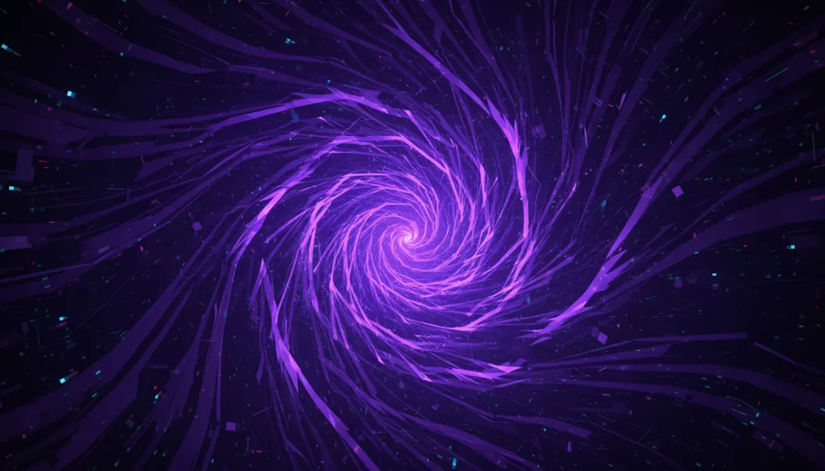 Abstract digital vortex or flowing energy lines in deep purple and electric violet on dark background, abstract digital/tech/geometric/flow visuals, suggests transformation and momentum