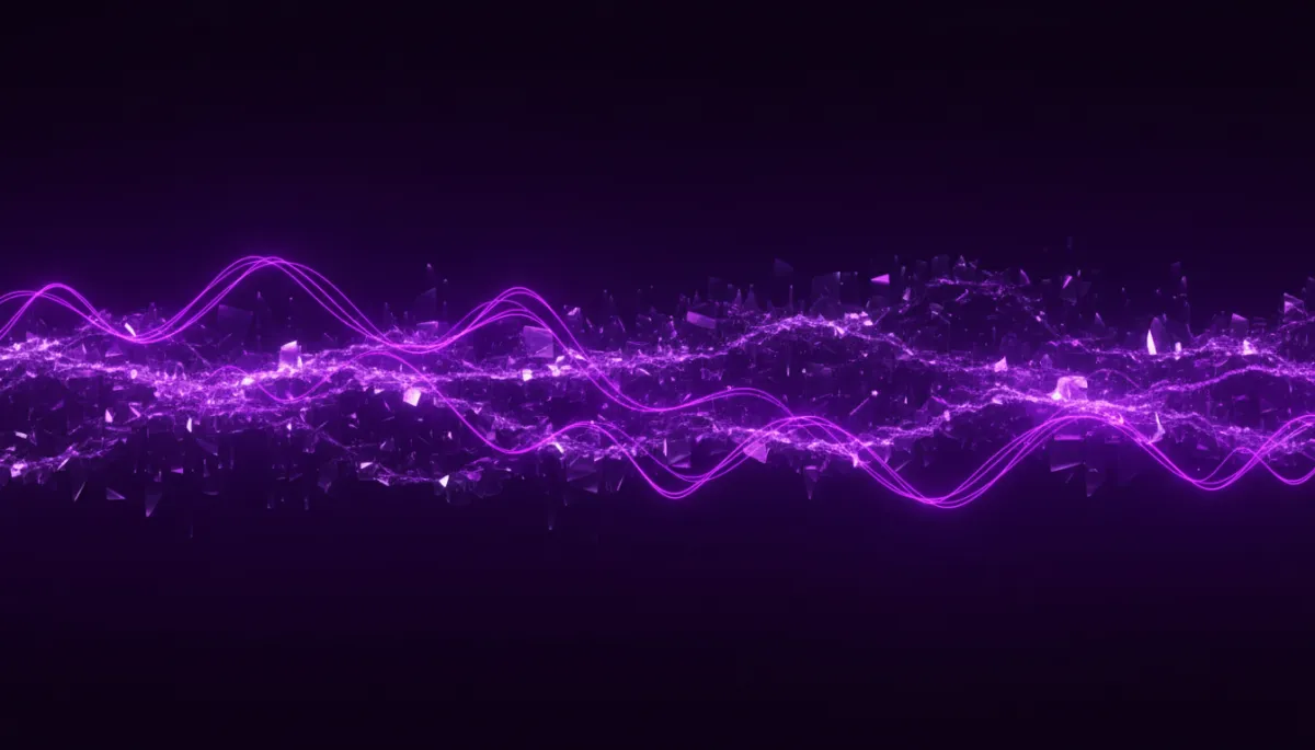 abstract deep purple and electric violet indigo geometric data streams flowing across the frame, shimmering fractal patterns and crystalline light refractions forming a dynamic wave, neon-violet energy ribbons over a dark #1a0533 background, ultra-detailed abstract digital art with no text or humans