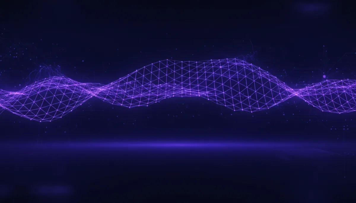 abstract, tech-inspired, digital geometric waves of deep purple and electric indigo light forming a glowing neural network grid across a dark background, with subtle overlay space for bold headline text