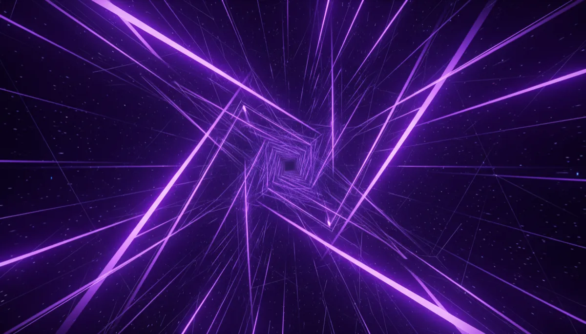 abstract geometric digital art in deep purple, electric violet and indigo, cinematic composition of flowing fractal data waves and geometric light streams forming a tunnel of cosmic information, dark background with glowing neon accents