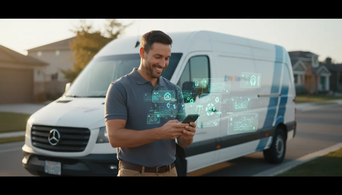 photorealistic neutral-toned scene of a smiling local tradesperson, like a plumber or towing truck driver, standing outside their work vehicle and looking at a smartphone, with subtle glowing AI and automation interface elements floating around the phone screen, modern energetic lighting, shallow depth of field