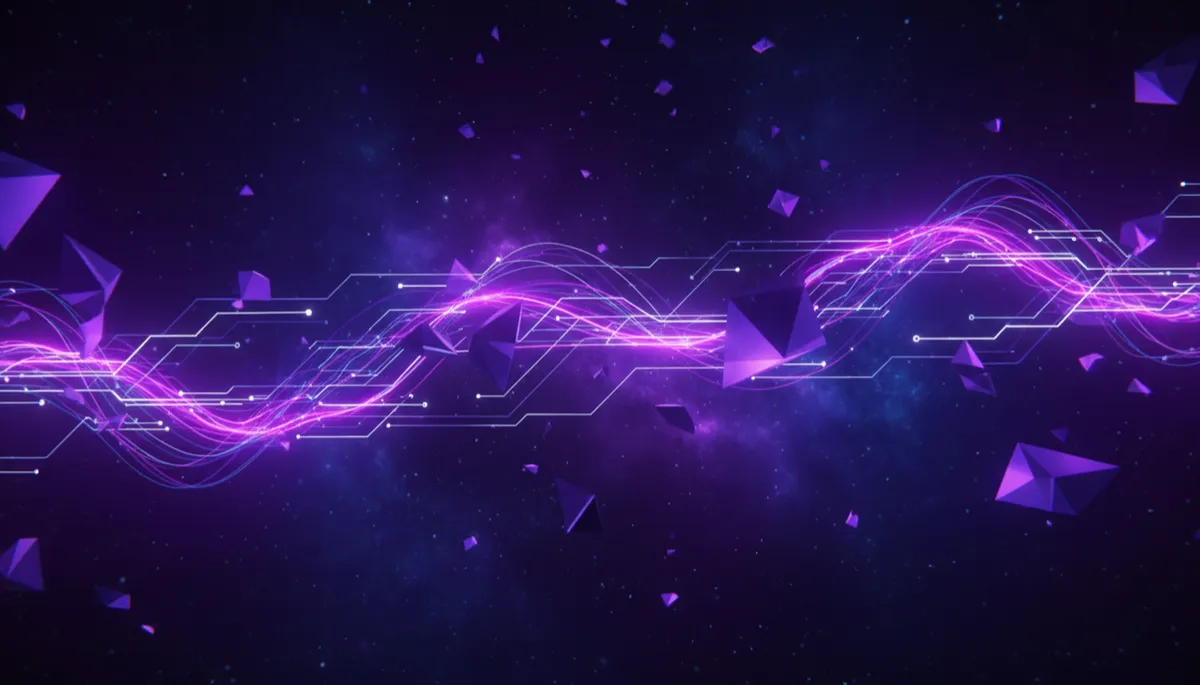 abstract digital/tech/geometric/flow visuals in deep purple and electric violet, dark cosmic background with glowing indigo polygons, circuit-like paths and flowing neon energy lines, premium 3D render