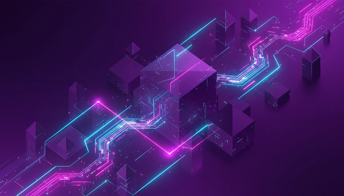 abstract geometric tech digital flow with deep purple #4B0082 and electric violet/indigo #6600CC #3D00B7, glowing neon data streams weaving through angular shapes, premium agency-level quality, no humans, no text