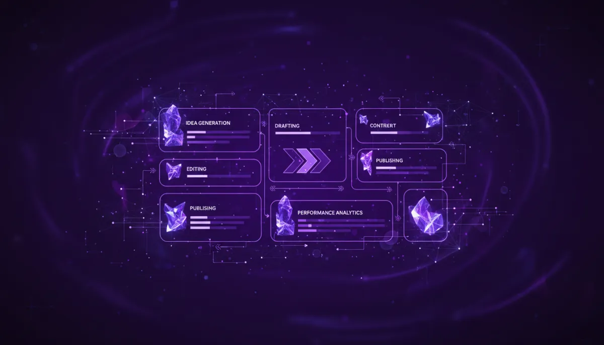 abstract, futuristic, digital/tech/geometric/flow visuals in deep purple and electric violet/indigo, glowing neural network nodes and data streams forming the silhouette of a content workflow dashboard