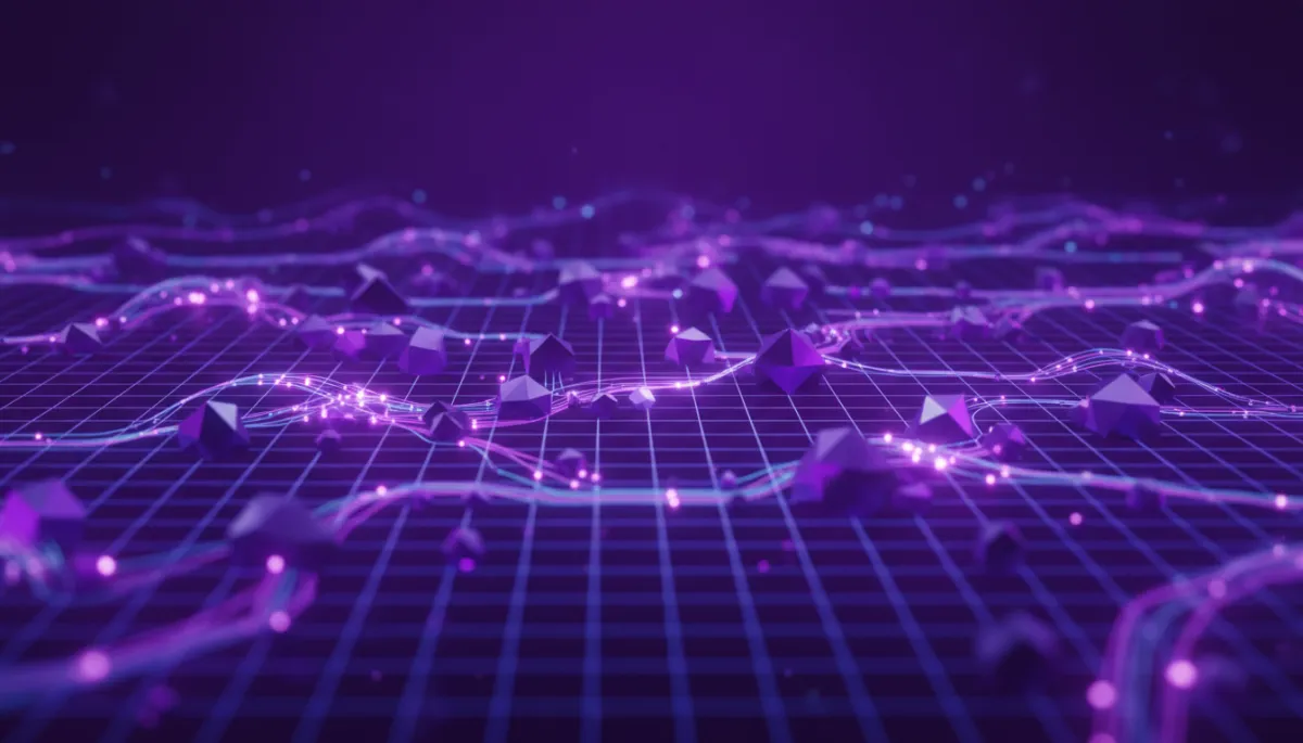 abstract wide cinematic digital geometric flow in deep purple and electric violet, glowing nodes and flowing data streams forming an AI neural network grid, no humans, premium abstract style