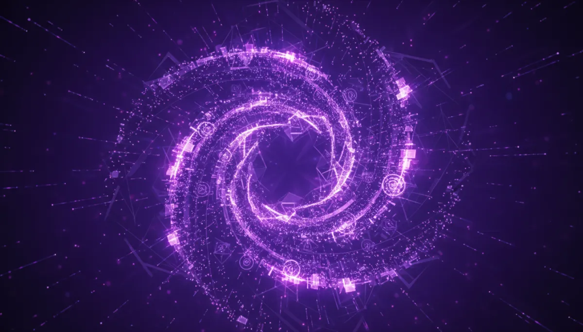 Abstract electric violet and deep purple digital vortex representing AI content strategy