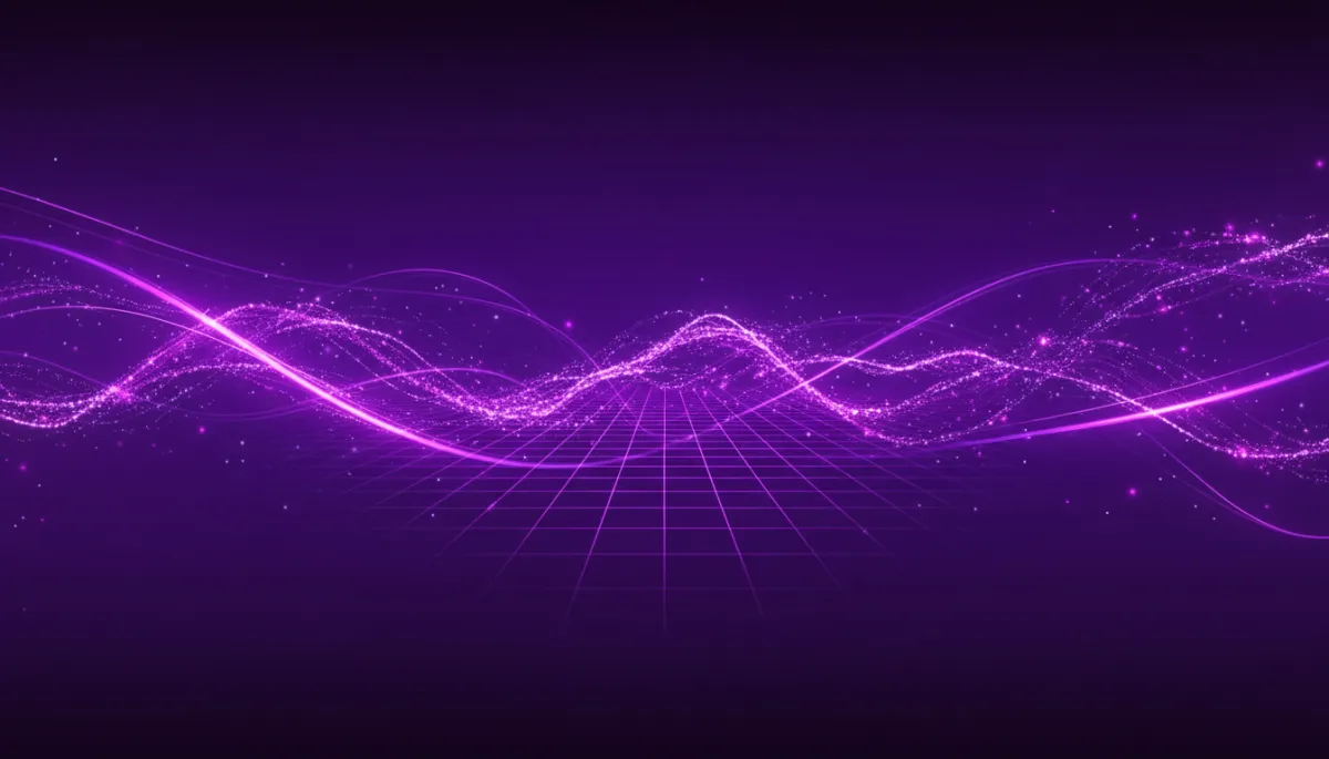 abstract deep purple and electric violet digital flow, swirling luminous data streams and geometric grid patterns dissolving into light trails, futuristic sleek abstract style, premium agency quality, no humans