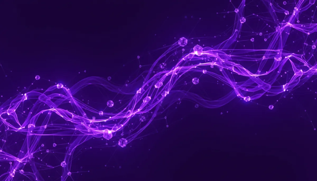 abstract digital geometric flow visual in deep purple #2D1B69 and electric violet/indigo #7B2FBE #4C1D95, showing futuristic data streams and neural network nodes forming a lattice, premium abstract tech style with smooth gradients and glowing connections