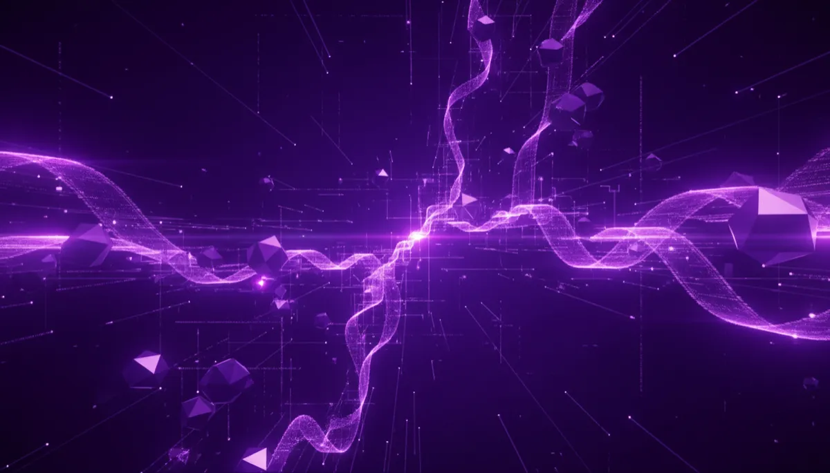 abstract, geometric, tech, digital flow visualization with deep purple #4B0082, electric violet #7B2FBE, and indigo #3D007A, showing neural network nodes and flowing data streams in an ultra-wide cinematic composition, dramatic lighting, no humans
