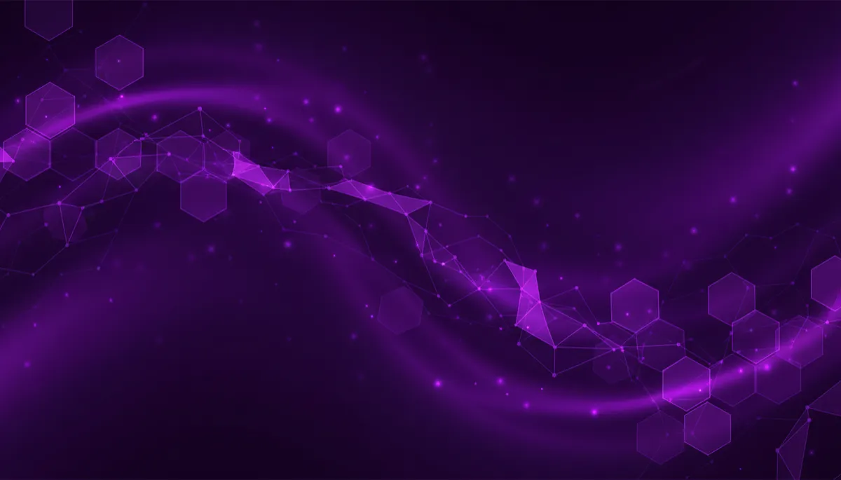 abstract tech art of glowing geometric mesh and neural network lines in deep purple (#4B0082), electric violet (#7B2FBE), and indigo (#3C1874), 16:9 ratio, premium agency-quality digital flow visual, no humans