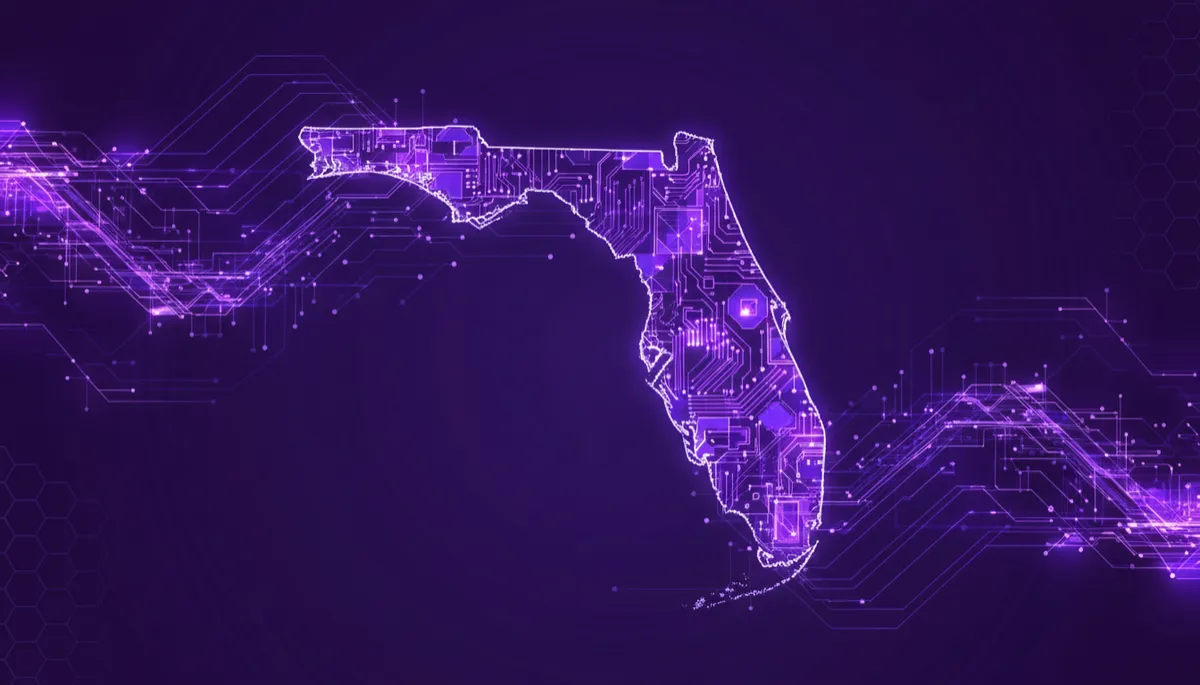 abstract tech/digital/geometric/flow visuals in deep purple and electric violet/indigo, glowing circuit-like waves forming the outline of Florida, high-contrast premium agency style