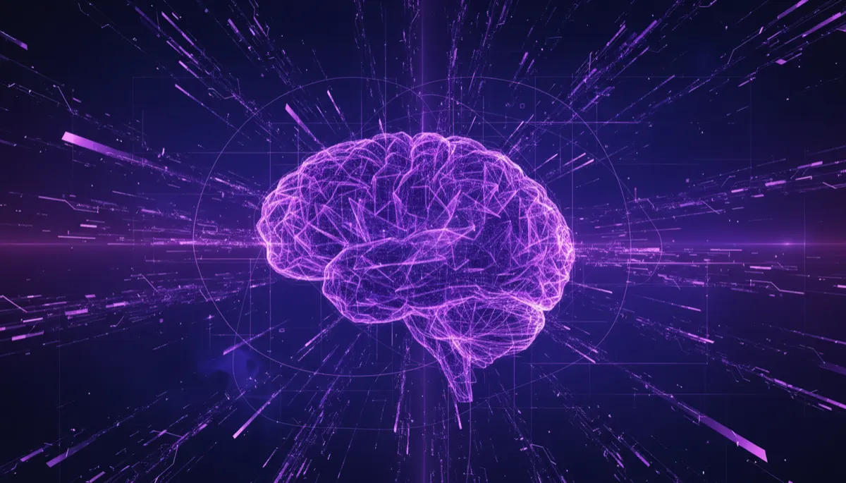 abstract digital geometric flow brain made of glowing deep purple #4B0082, electric violet #8B00FF, and indigo #4400CC neural network strands, fractal data streams and geometric flow lines exploding outward in an ultra-wide cinematic composition, no humans, no text, premium agency-level quality