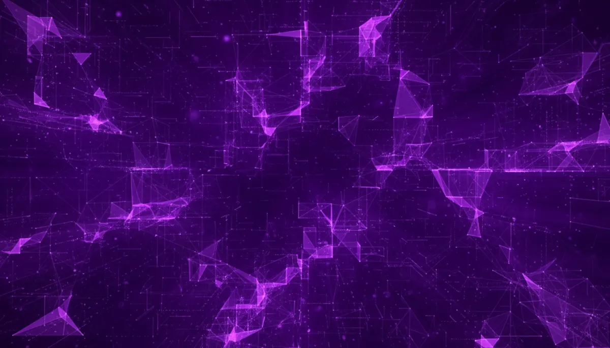 abstract digital illustration, geometric data streams in deep purple #4B0082 and electric violet #6600FF, circuit-like patterns dissolving into glowing light, premium agency quality, no humans, no faces, no text