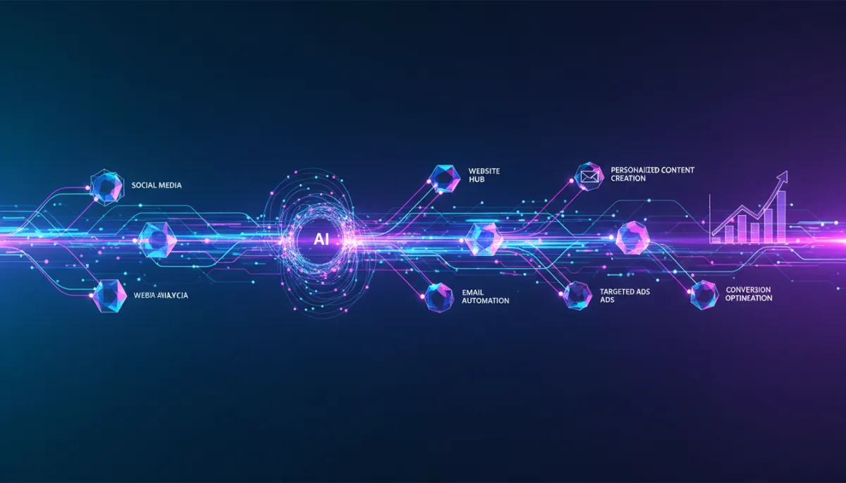 photorealistic futuristic digital workflow interface in blue and purple tones, abstract data streams and connected nodes forming an automated marketing pipeline, no humans visible
