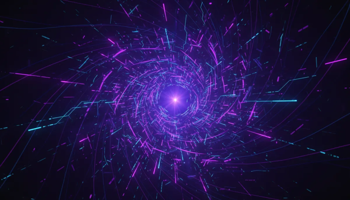 Abstract digital vortex of deep purple and electric violet energy streams converging into a central glowing indigo node, geometric circuit patterns, neon data flow lines, abstract tech/digital/geometric/data-flow visuals, premium agency tech aesthetic, dark background, cinematic lighting