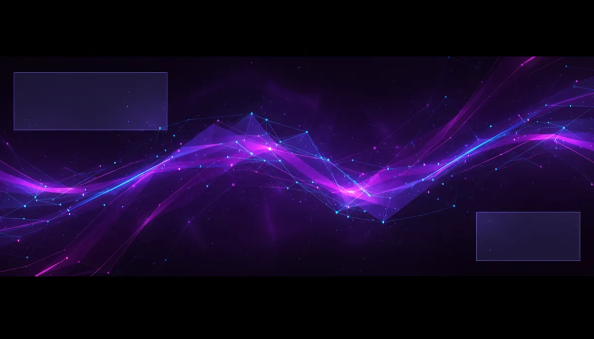 deep purple and electric violet abstract digital tech geometric flow visuals with glowing neon accents on a dark background, subtle overlay space for title and subtitle text