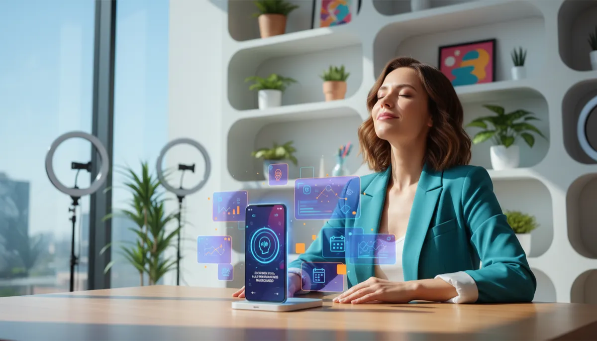 photorealistic vibrant scene of a small business owner and content creator looking relieved as a smartphone on the desk shows an AI voice booking bot handling incoming calls and appointments automatically, modern office with bright colors and subtle futuristic UI elements floating around the phone