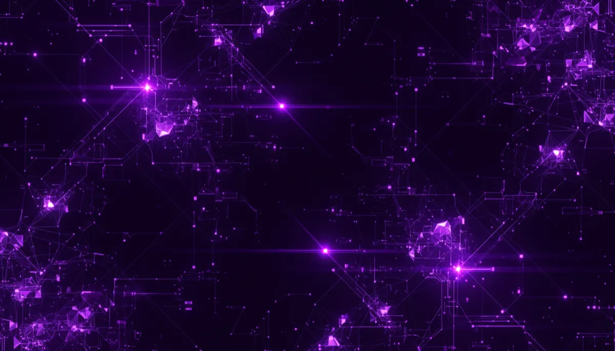 abstract geometric digital tech composition in deep purple (#2D1B69, #4A0E8F) and electric violet/indigo (#7C3AED, #6366F1), glowing data streams weaving through a network of luminous nodes and circuit-board fractals on a dark background, premium agency-level aesthetic, no humans, no text overlays