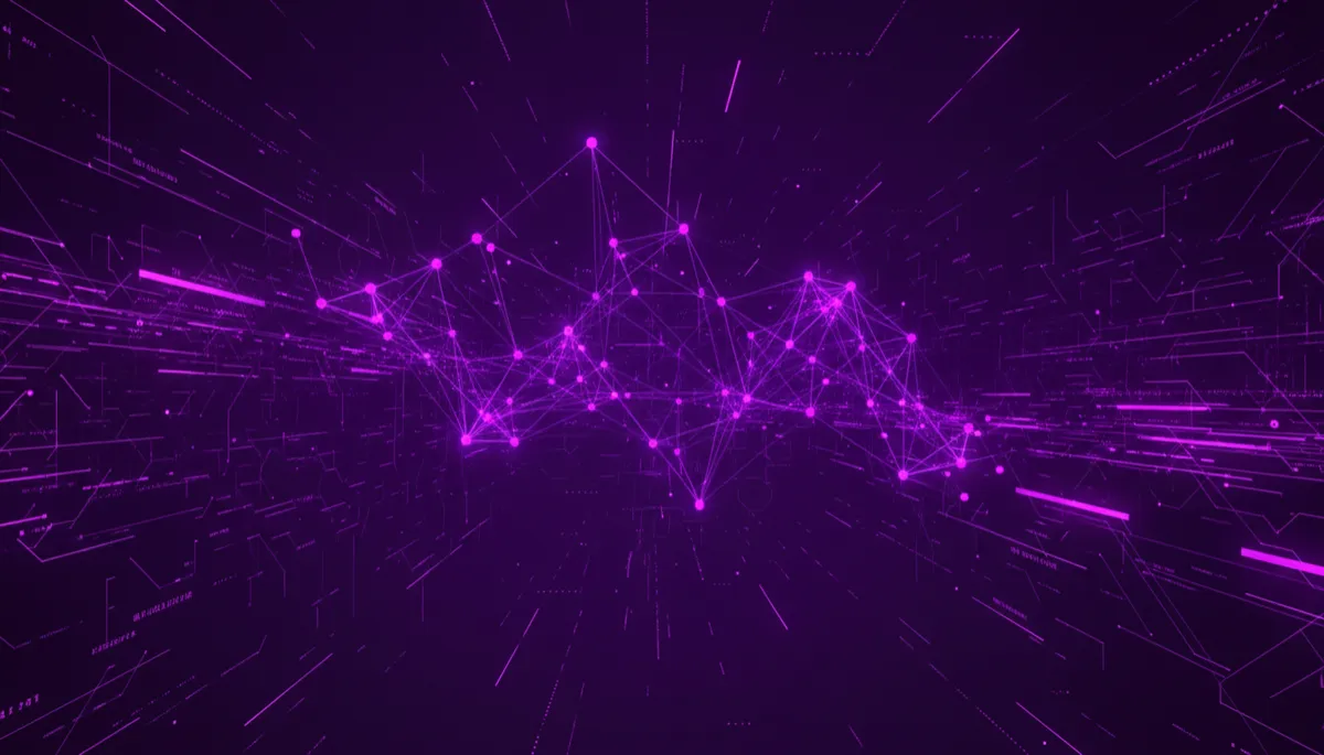 abstract digital neural network and flowing data streams in deep purple #4B0082 and electric violet #8B00FF with neon indigo glow, geometric tech patterns, premium cinematic wide 16:9 composition, no humans, no text
