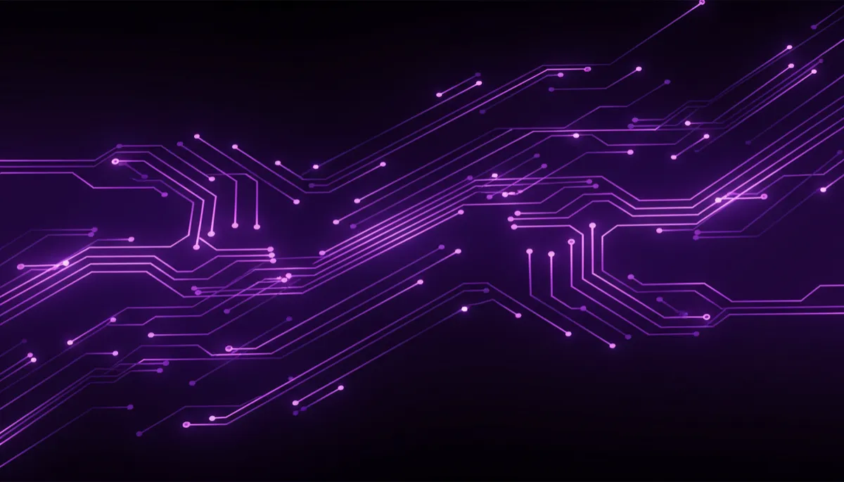 abstract tech digital geometric flow of glowing deep purple #3B0070 and electric violet #6C00FF circuit-like lines sweeping across a dark background, suggesting invisible data currents powering businesses