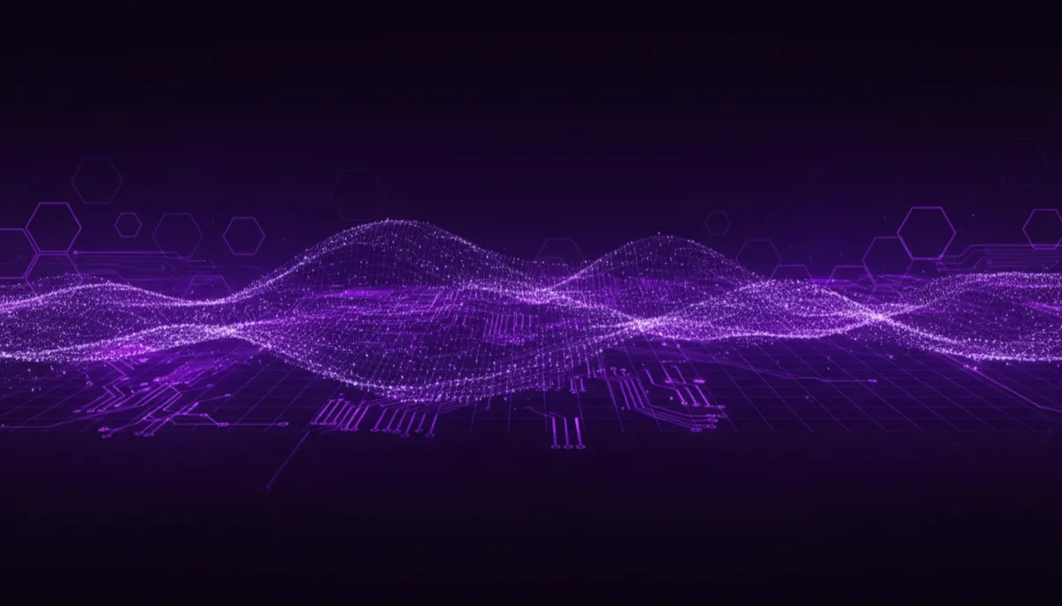 abstract tech/digital/geometric/flow visuals in deep purple and electric violet/indigo, glowing neural network lines forming a wave of data streaming across the frame, hexagonal grids and luminous circuits fading into the distance